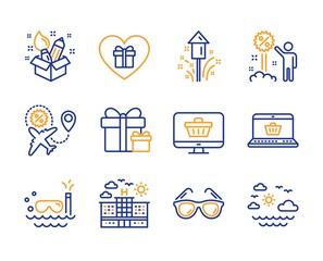 Surprise package, Creativity and Fireworks icons simple set. Hotel, Scuba diving and Flight sale signs. Sunglasses, Web shop and Discount symbols. Line surprise package icon. Colorful set. Vector