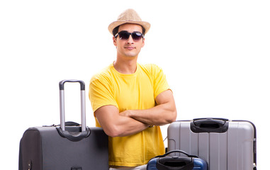 Happy young man going on summer vacation isolated on white