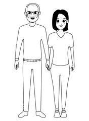 Family father with adult daughter cartoon in black and white
