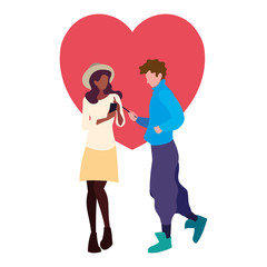 man and woman characters using smartphone