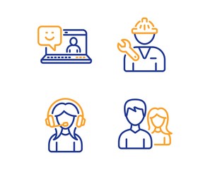Support, Smile and Repairman icons simple set. Teamwork sign. Call center, Laptop feedback, Repair service. Man with woman. People set. Linear support icon. Colorful design set. Vector