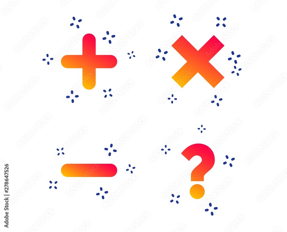 Poster plus and minus icons. delete and question faq mark signs. enlarge zoom symbol. random dynamic shapes