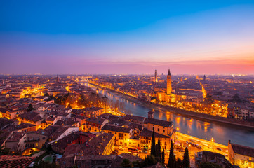 Beautiful aerial view panorama night Verona sunset Italy