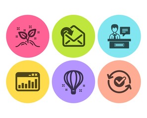 Air balloon, Marketing statistics and Exhibitors icons simple set. Receive mail, Startup concept and Approved signs. Sky travelling, Web analytics. Education set. Flat air balloon icon. Circle button