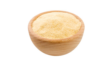 dried milled ground garlic in wooden bowl isolated on white background. 45 degree view. Spices and food ingredients.