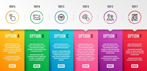 Touchpoint, Seo target and Messenger mail icons simple set. Tips, Ab testing and Washing machine signs. Touch technology, Click aim. Technology set. Infographic template. 6 steps timeline. Vector