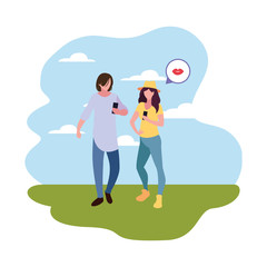 man and woman characters using smartphone