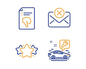 Fototapeta premium Thumb down, Reject mail and Star icons simple set. Car service sign. Decline file, Delete letter, Favorite. Repair service. Linear thumb down icon. Colorful design set. Vector