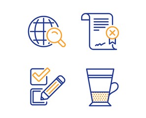 Reject certificate, Checkbox and Internet search icons simple set. Double latte sign. Decline file, Survey choice, Web finder. Tea cup. Linear reject certificate icon. Colorful design set. Vector
