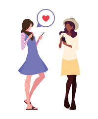two women characters using smartphone