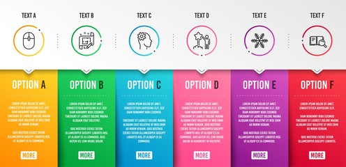 Engineering, Architect plan and Computer mouse icons simple set. Star, Snowflake and Search book signs. Cogwheel head, Engineering plan. Technology set. Infographic template. 6 steps timeline. Vector