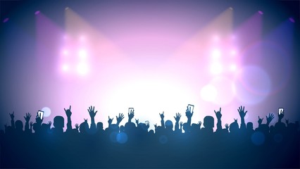 Scene, crowd of fans, rock concert, music festival, night club