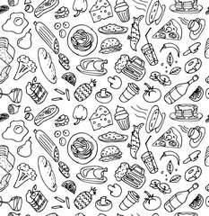 Various hand drawn food cookery doodle outline sketch seamless pattern on white background. Vector cooking illustration