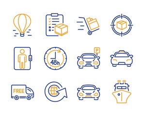 Parcel tracking, Elevator and Parcel checklist icons simple set. Car, 48 hours and Taxi signs. Parking, World globe and Push cart symbols. Air balloon, Free delivery and Ship. Vector