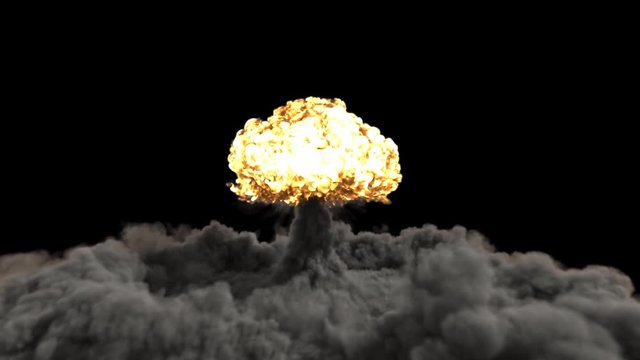 The explosion of a nuclear bomb. Realistic 3D VFX animation of atomic bomb explosion with fire, smoke and mushroom cloud. Contains the alpha channel.