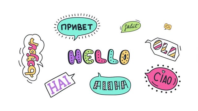 Stop motion animation with word Hello in different languages in hand draw doodle style on white background