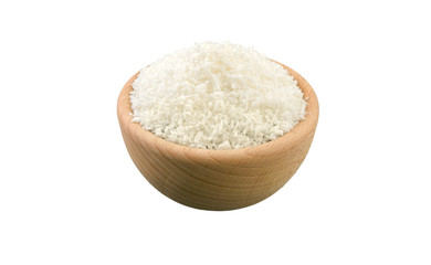 coconut shreds in wooden bowl isolated on white background. 45 degree view. Spices and food ingredients.