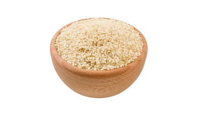 sesame seeds in wooden bowl isolated on white background. 45 degree view. Spices and food ingredients.