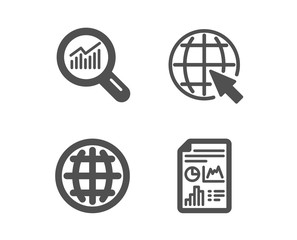 Obraz premium Set of Internet, Globe and Data analysis icons. Report document sign. World web, Internet world, Magnifying glass. Growth chart. Classic design internet icon. Flat design. Vector