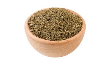 mint leaves in wooden bowl isolated on white background. 45 degree view. Spices and food ingredients.