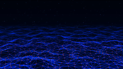 Abstract dynamic wave of many shining points and lines. Big data. Network of particles connected by lines. Abstract digital background. 3d rendering.