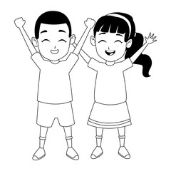 Kids friends playing and smiling cartoon in black and white