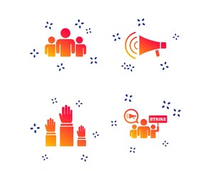 Strike group of people icon. Megaphone loudspeaker sign. Election or voting symbol. Hands raised up. Random dynamic shapes. Gradient strike icon. Vector