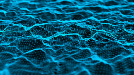 Abstract dynamic wave of many shining points and lines. Big data. Network of particles connected by lines. Abstract digital background. 3d rendering.