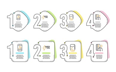 Mobile finance, Water cooler and Quickstart guide icons simple set. Contactless payment sign. Phone accounting, Office drink, Lightning symbol. Bank money. Technology set. Infographic timeline