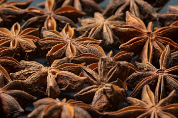 Brown star Anise scattered on the table