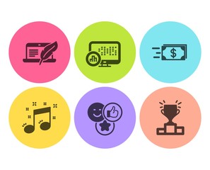 Report statistics, Money transfer and Copyright laptop icons simple set. Like, Musical note and Winner podium signs. Graph chart, Cash delivery. Flat report statistics icon. Circle button. Vector