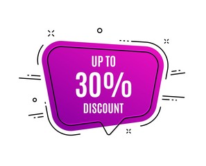 Speech bubble banner. Up to 30% Discount. Sale offer price sign. Special offer symbol. Save 30 percentages. Sale tag. Sticker, badge. Vector