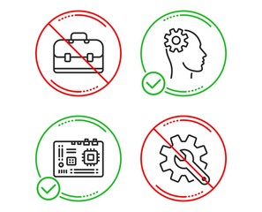 Do or Stop. Motherboard, Portfolio and Engineering icons simple set. Customisation sign. Computer component, Business case, Cogwheel head. Settings. Technology set. Line motherboard do icon. Vector