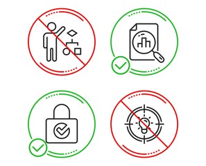 Do or Stop. Algorithm, Password encryption and Analytics graph icons simple set. Idea sign. Developers job, Protection locker, Chart report. Solution. Technology set. Line algorithm do icon. Vector