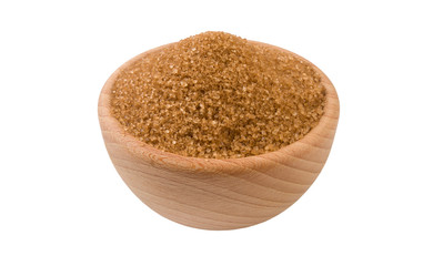  Brown or cane sugarin wooden bowl isolated on white background. 45 degree view. Spices and food ingredients.