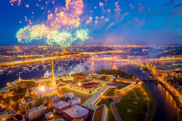 Saint Petersburg. Russia. Panorama of fireworks on victory day. Victory day celebration. Parade of...