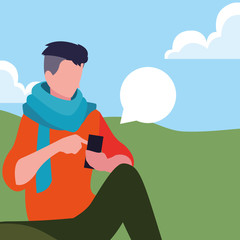 young man sitting using smartphone media