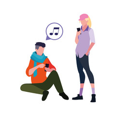 man and woman characters using smartphone