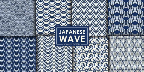 Schilderijen op glas Japanese wave seamless pattern collection, Abstract background, Decorative wallpaper. © Pattern Paper Print