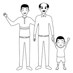 Family father and grandfather hand of with afro boy in black and white