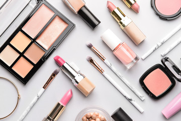 Set of decorative cosmetics on light background