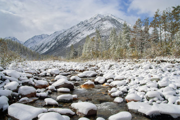 Snow in September in Tunkinskie ridge Eastern Sayan