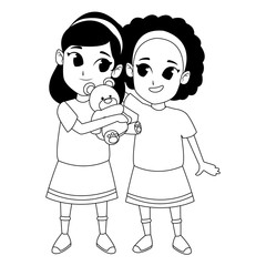 Kids friends playing and smiling cartoon in black and white