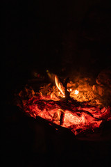 Fireplace burning at night