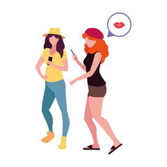 two women characters using smartphone