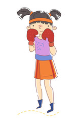 Cute young girl boxer with pigtails wearing red boxing gloves holding her fists in the defensive position isolated on white