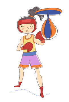 Determined young girl boxer wearing colorful red boxing gloves working out in a gym punching the pummel bag isolated on white