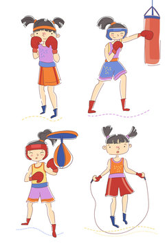 Set of four young woman or girls boxing and skipping over a rope with one in the defensive pose, one punching a bag and the last punching a pummel over white