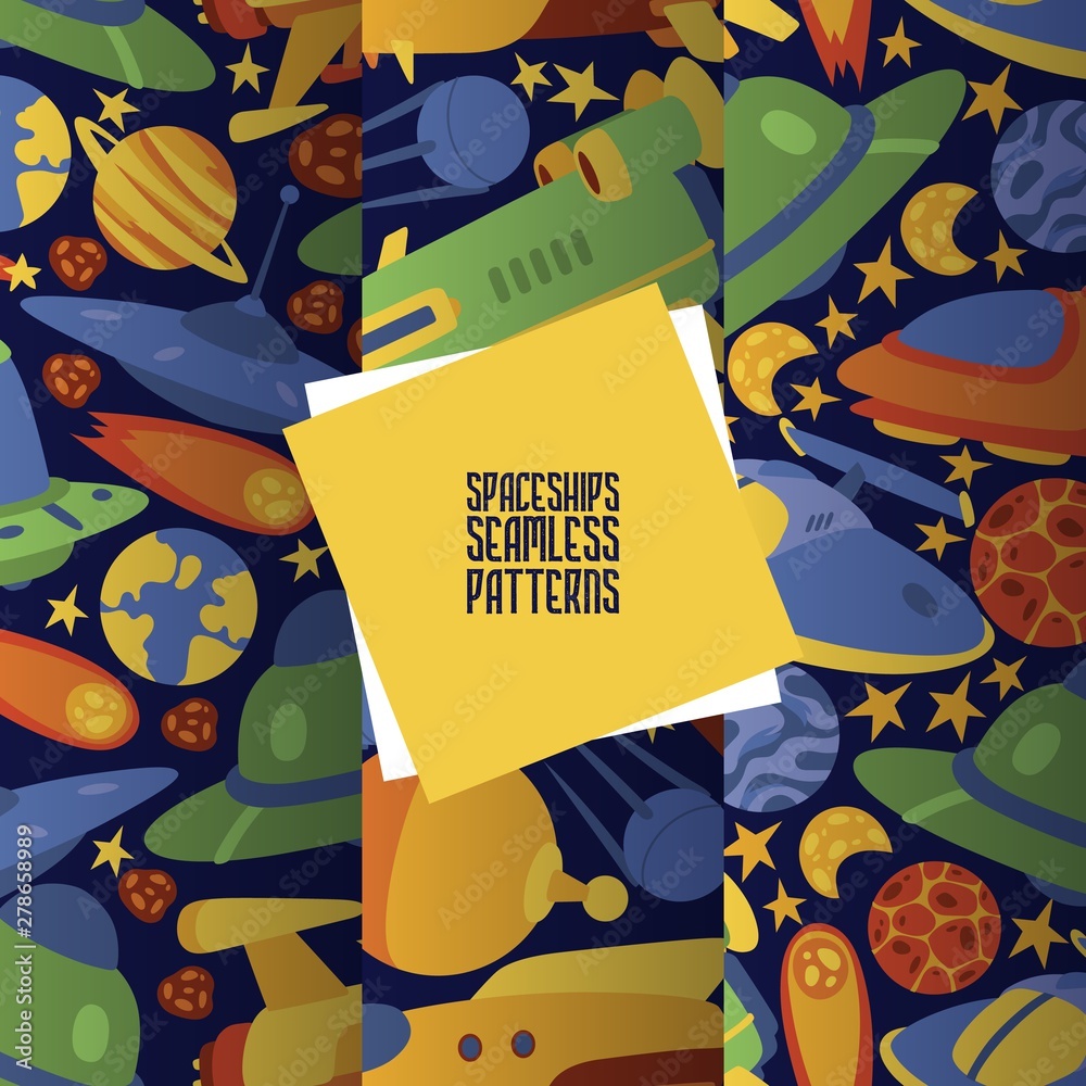 Wall mural spaceships in cosmos with planets set of seamless patterns vector illustration. travel to new planet