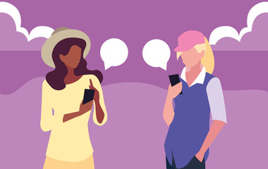 two women using smartphone talking
